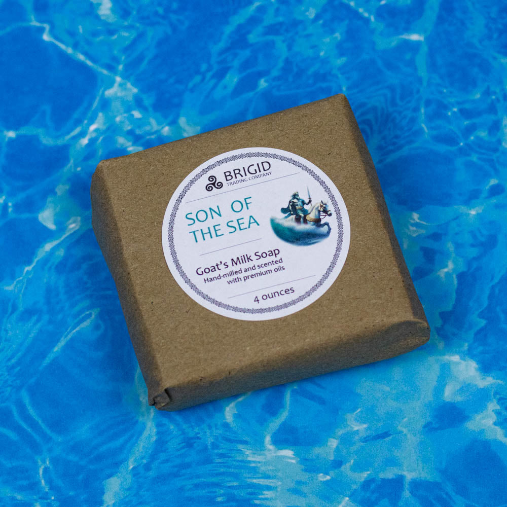 Son of the Sea goat milk soap in tan paper box with BRIGID label and 4 ounces count.
