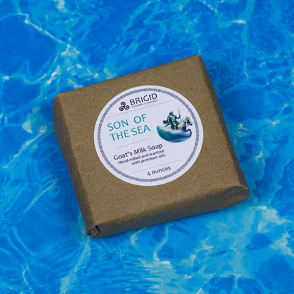 Son of the Sea goat milk soap in tan paper box with BRIGID label and 4 ounces count.