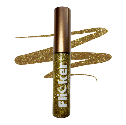 Gold glitter eyeliner tube with fine shimmer stroke swatch