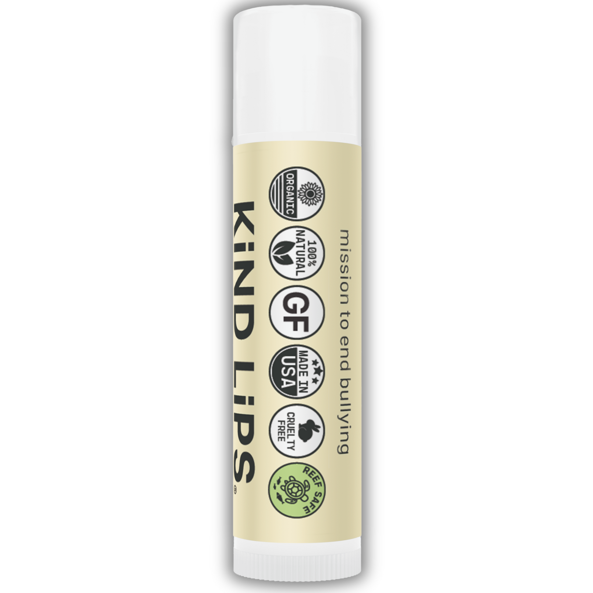SPF 15 lemon lip balm tube with mission badges on front