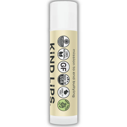 SPF 15 lemon lip balm tube with mission badges on front