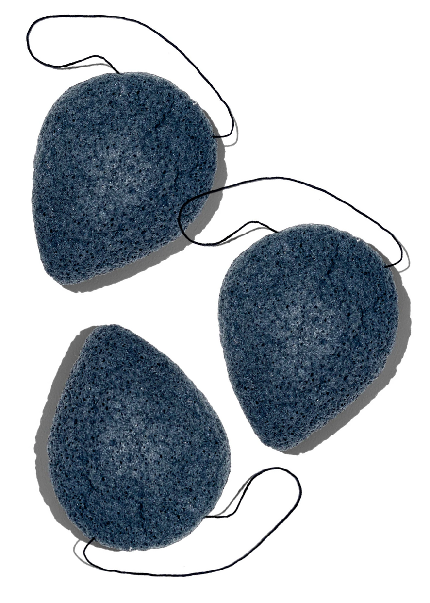 3-pack konjac facial sponges, dark blue teardrop shapes with pull strings