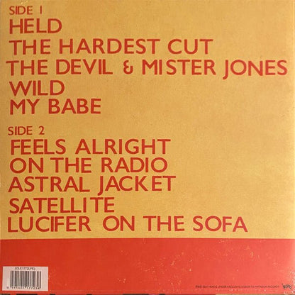 Vinyl record back sleeve with red track-list text on tan paper