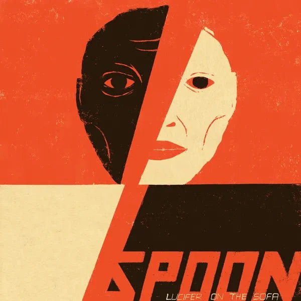 Vinyl record sleeve with split black/cream faces on red and tan artwork