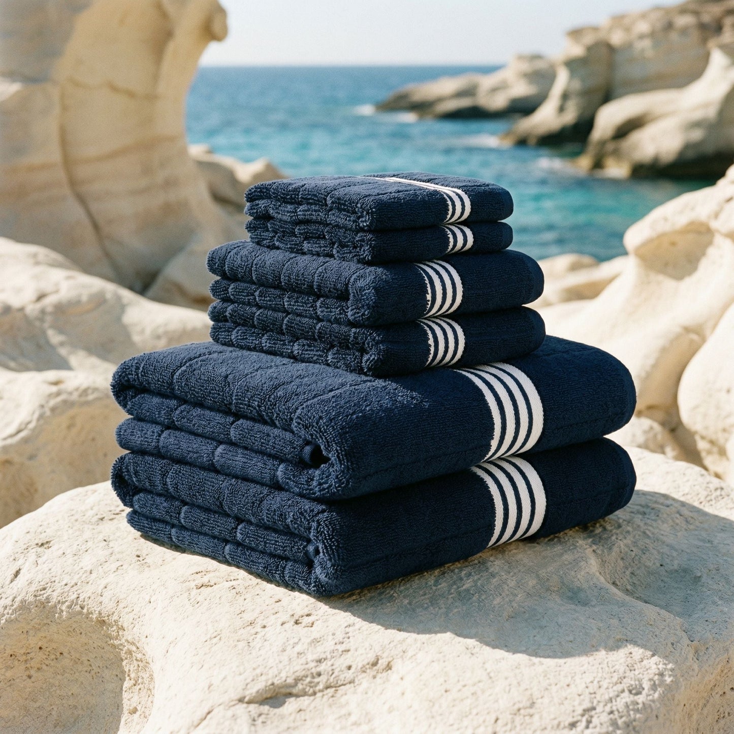 Navy cotton towels with white striped borders, neatly stacked.
