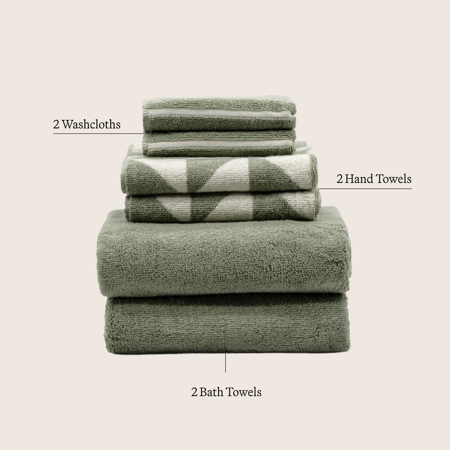 Sage & ecru towel set layout: 2 washcloths, 2 hand towels, 2 bath towels