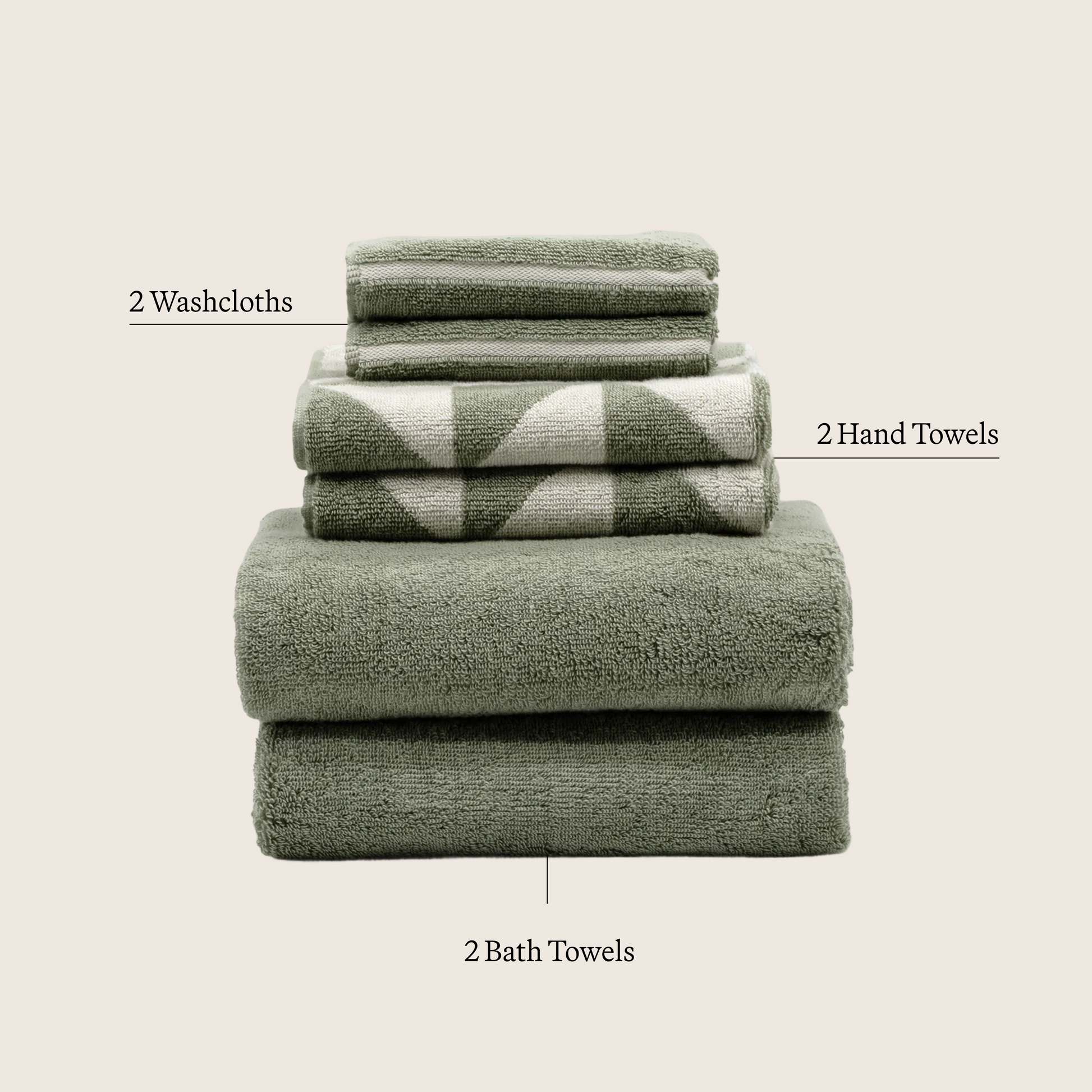 Sage & ecru towel set layout: 2 washcloths, 2 hand towels, 2 bath towels