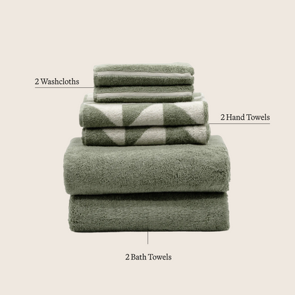 Sage & ecru towel set layout: 2 washcloths, 2 hand towels, 2 bath towels