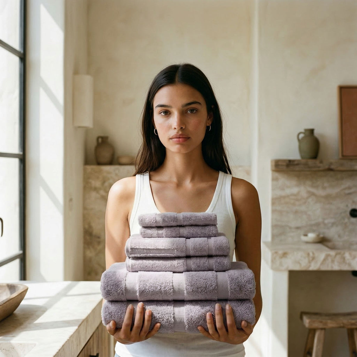 Lilac cotton towels folded into a stack, held by a person in a bathroom setting.