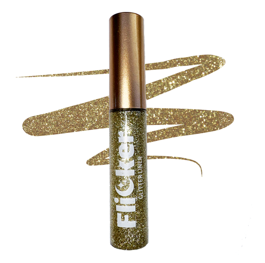 Glitter eyeliner tube with metallic gold glitter finish and wand tip