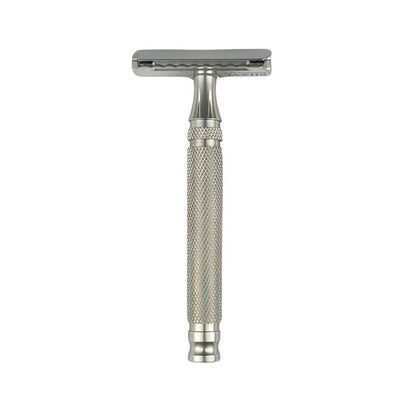 SteelMaster Razor with silver textured handle and chrome safety razor head