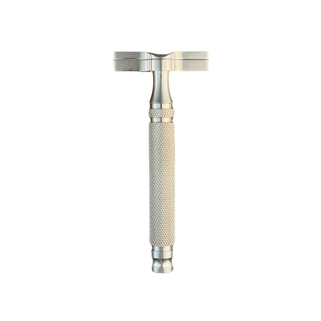 SteelMaster Razor chrome top and textured silver handle, straight-on view