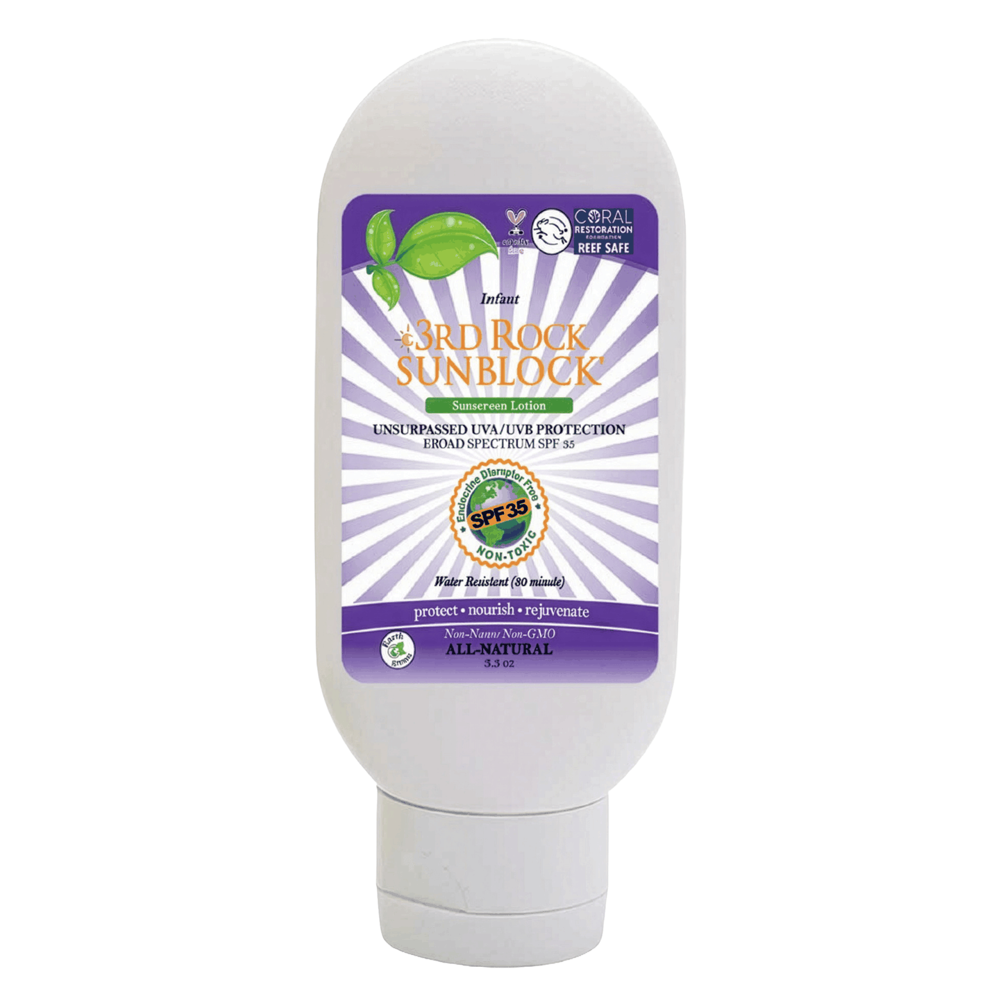 Infant sunscreen bottle with purple front label, zinc oxide SPF 35.