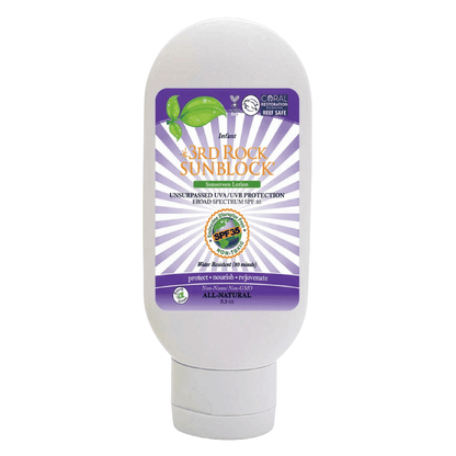 Infant sunscreen bottle with purple front label, zinc oxide SPF 35.