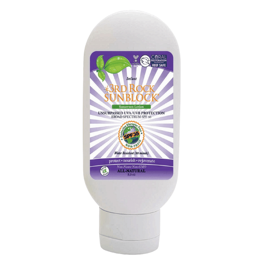 Infant sunscreen bottle with purple front label, zinc oxide SPF 35.