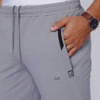 Men’s light gray heather sweatpants, elastic waistband and drawstring, side seam logo