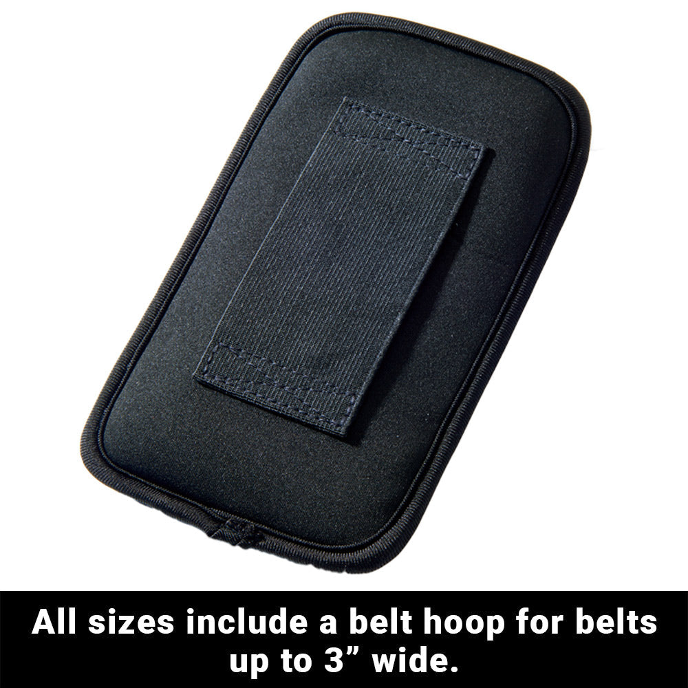 Black phone pouch with rectangular patch detail and zippered edges