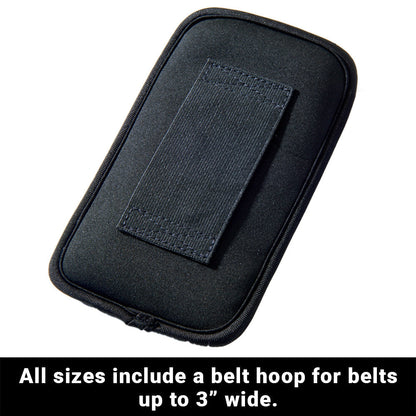 Black phone pouch with rectangular patch detail and zippered edges