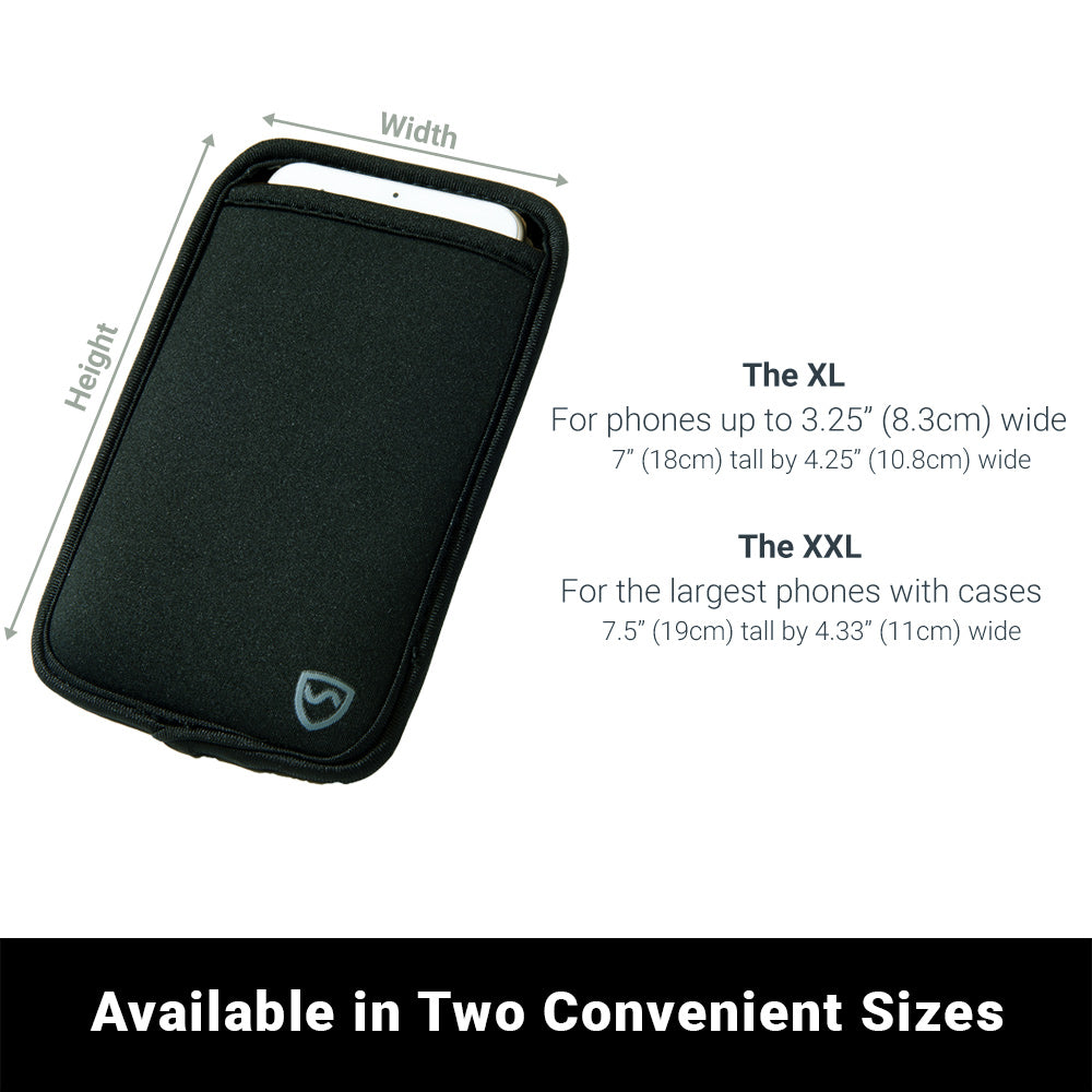 Black phone pouch size diagram with fit outlines for XL and XXL