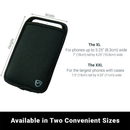 Black phone pouch size diagram with fit outlines for XL and XXL