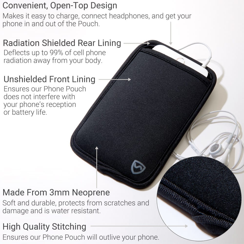 Black open-top phone pouch with earbud cords and stitched edges