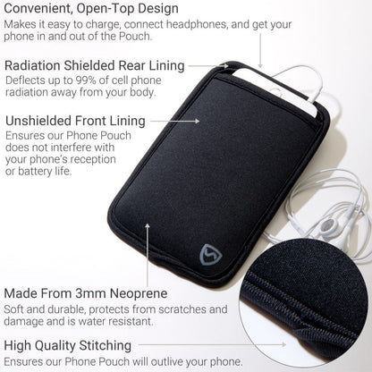 Black open-top phone pouch with earbud cords and stitched edges
