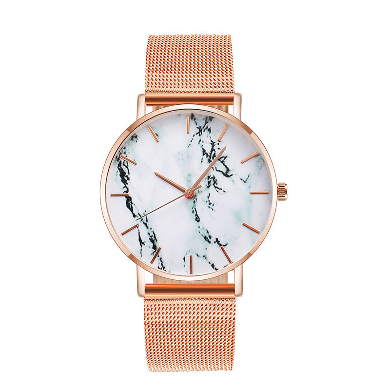 Women’s rose-gold mesh band quartz watch with white marble dial and rose-gold accents