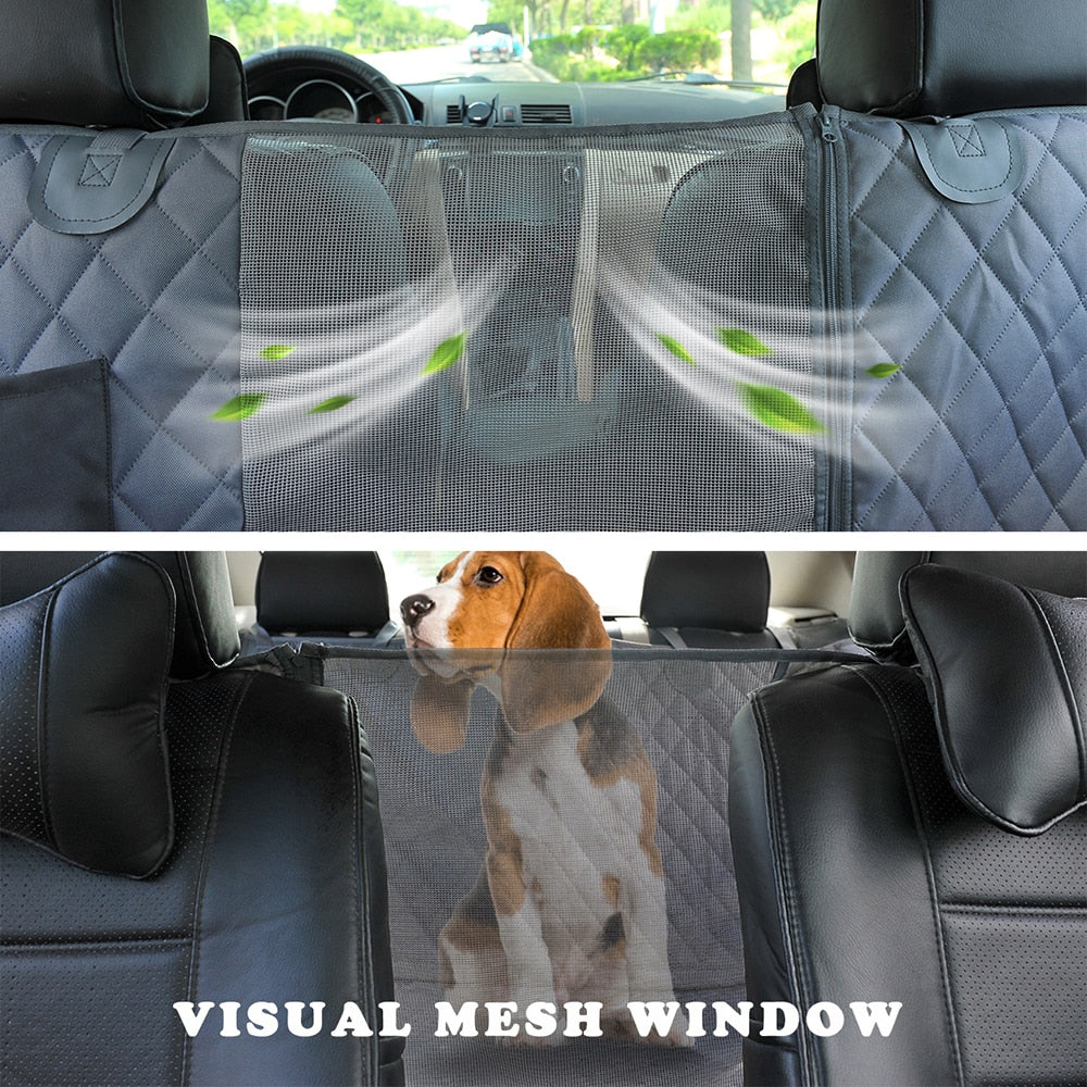 Grey quilted dog car seat cover with clear mesh window panel in the backrest