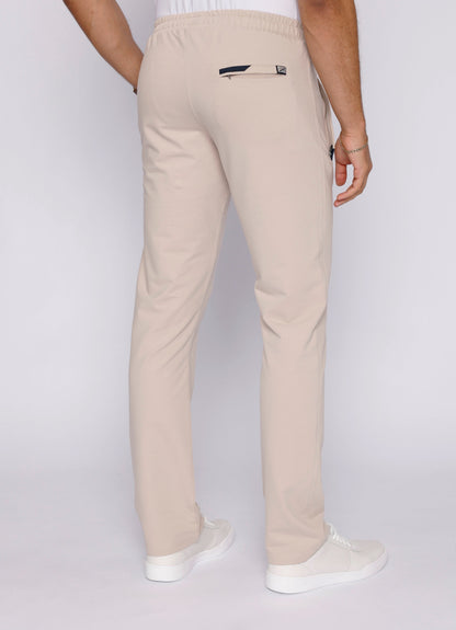 Light beige straight-fit athletic sweatpants with elastic waistband and side logo