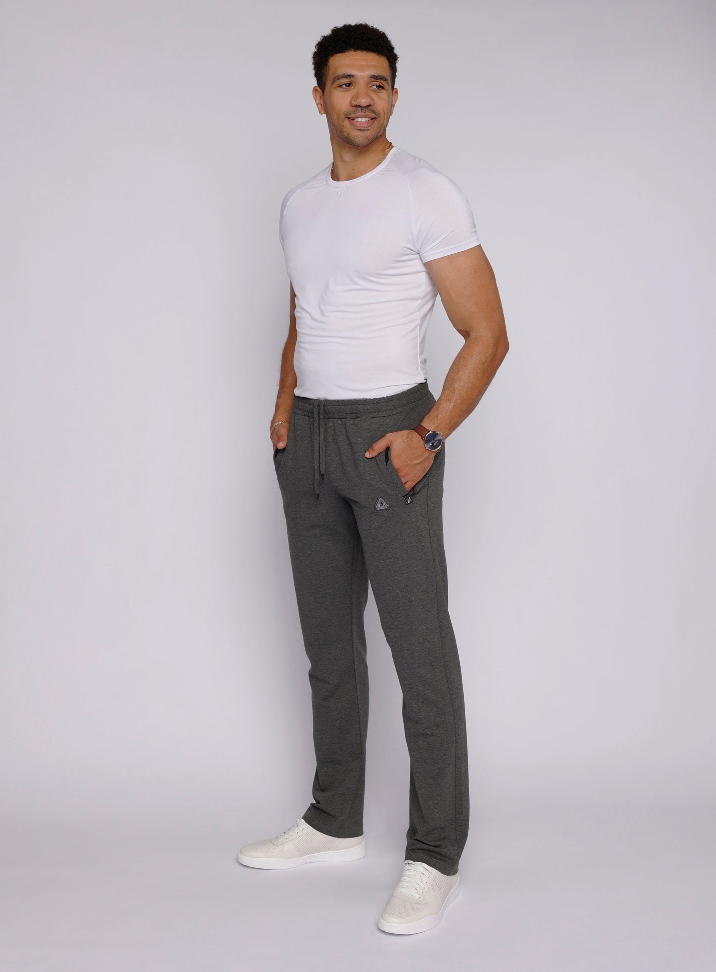 Men's athletic sweatpants, straight leg, dark heather grey, full front view with elastic waist