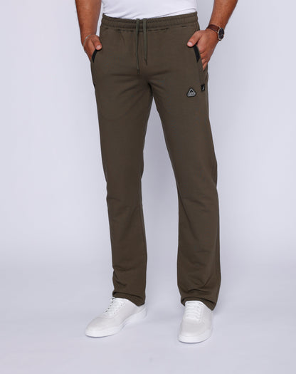 Khaki green straight athletic sweatpants with drawstring waist and side pocket logo