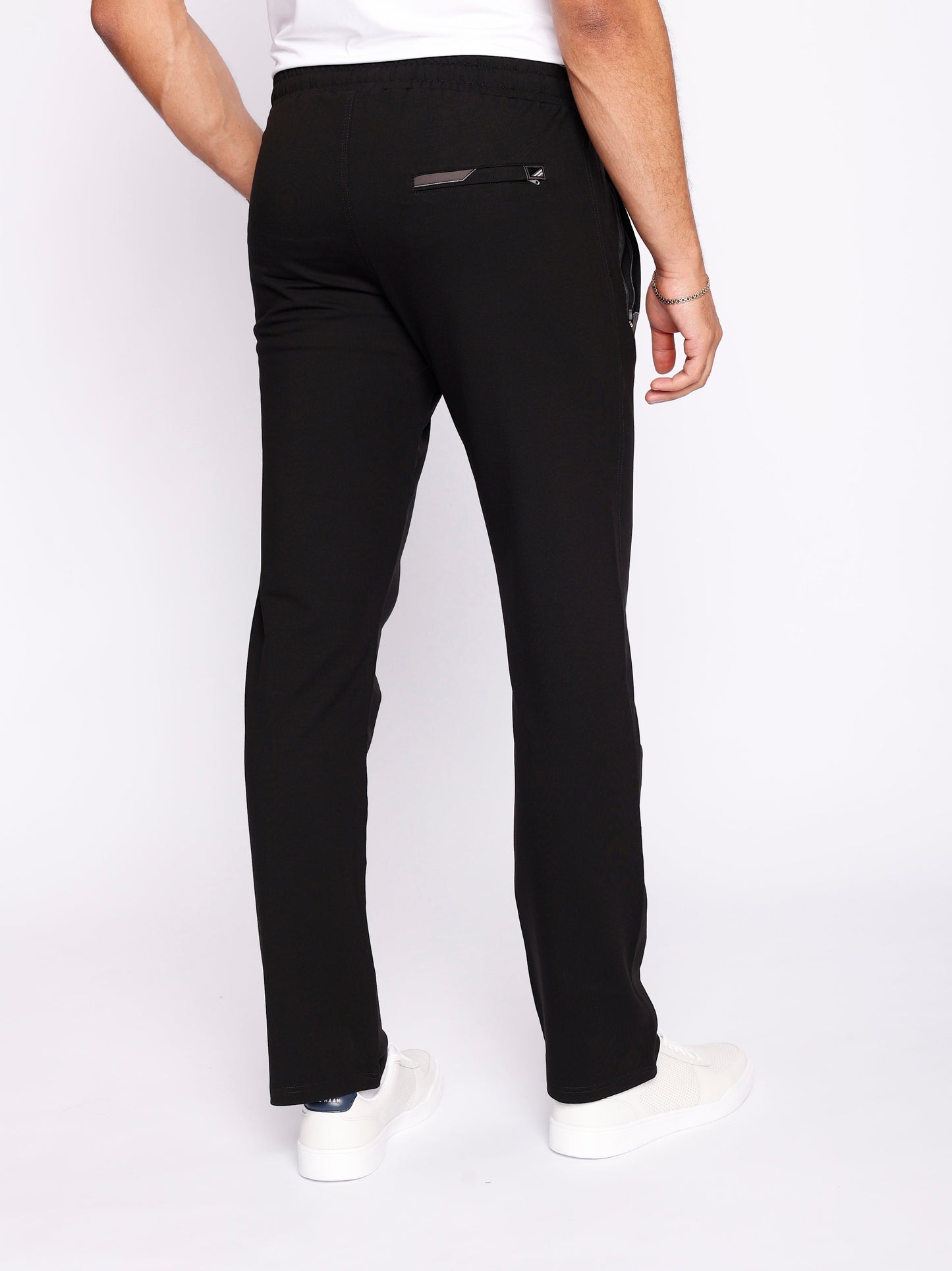 Black athletic straight sweatpants with drawstring waistband and clean tapered leg fit