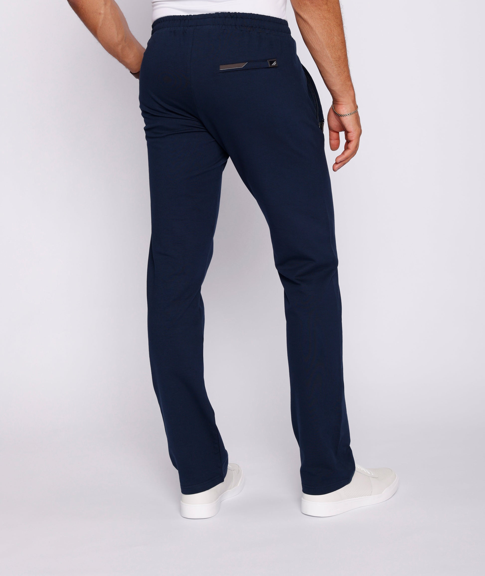 Navy straight-fit athletic sweatpants with drawstring waistband and tapered cuffs