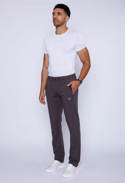 Dark grey athletic straight sweatpants with drawstring waistband and side pockets