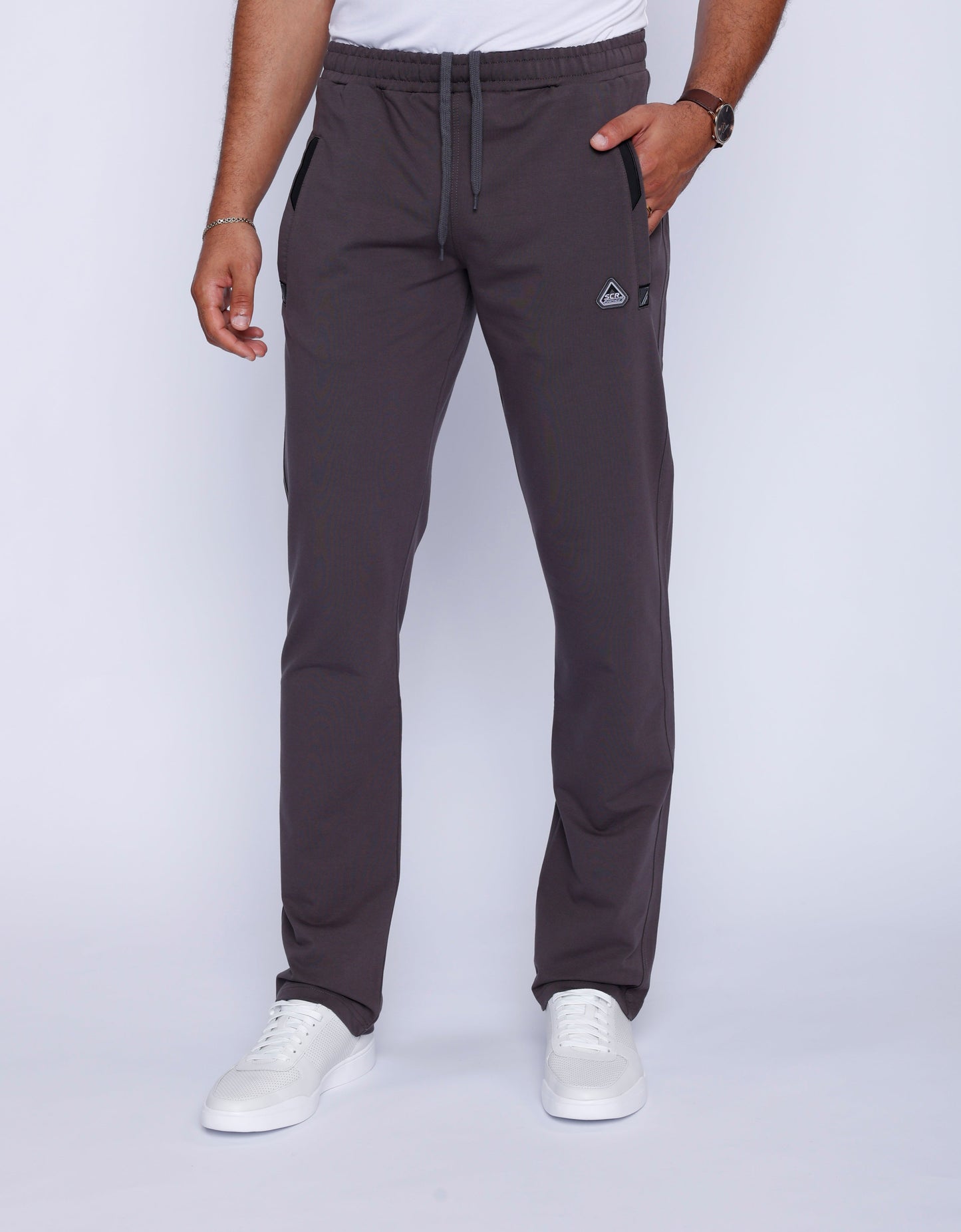 Men's athletic sweatpants, straight leg, dark grey with drawstring waist and side pockets