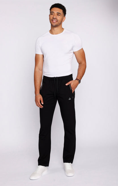Black athletic straight sweatpants with drawstring waistband and cuffed ankle