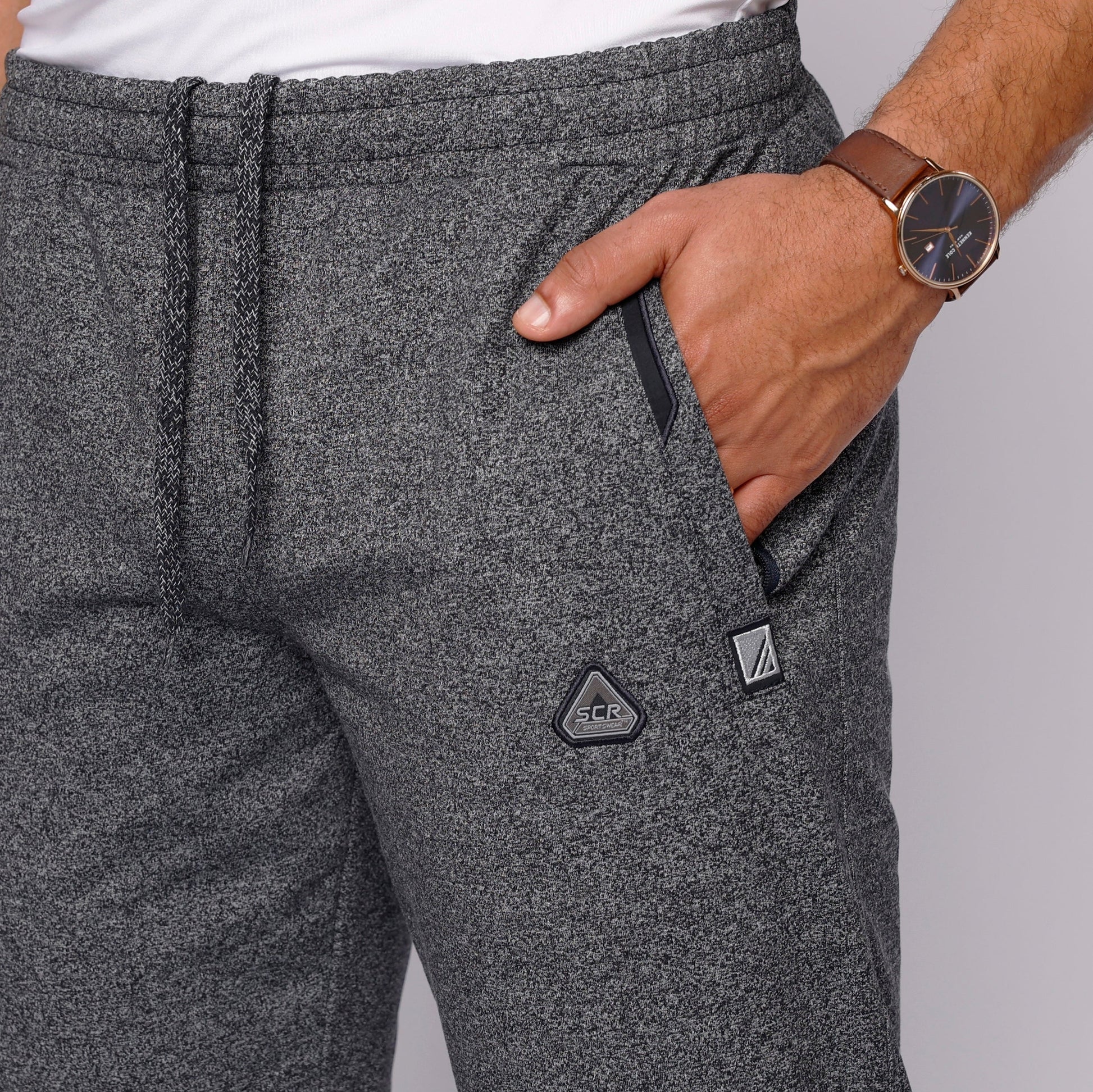 Men's athletic sweatpants, dark heather grey, elastic waistband with drawstring and logo