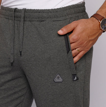 Men's athletic sweatpants, dark heather grey, elastic drawstring waistband with logo patch