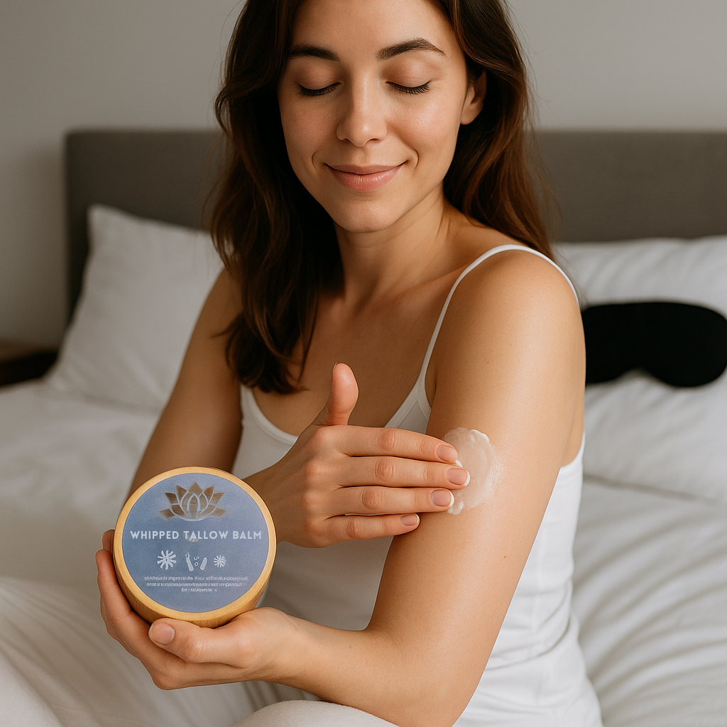 Tallow balm jar with blue label, held by hands with a dollop of balm