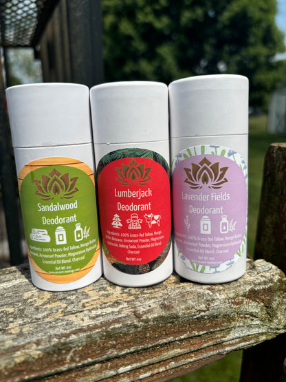 Set of three tallow deodorant sticks: Sandalwood, Lumberjack, and Lavender Fields.