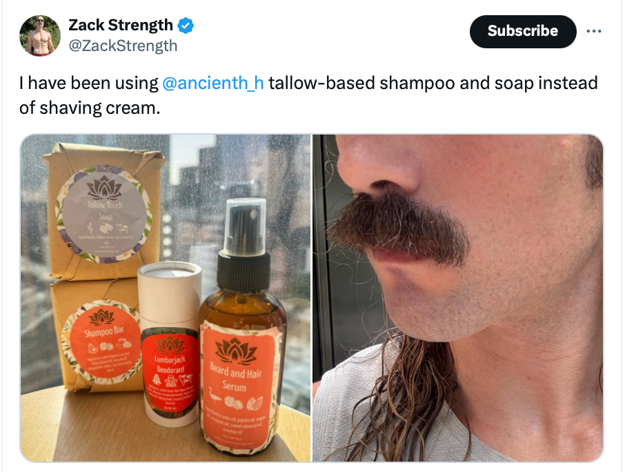 Tallow shower care gift set with shampoo bar, soap bars, and amber serum bottles