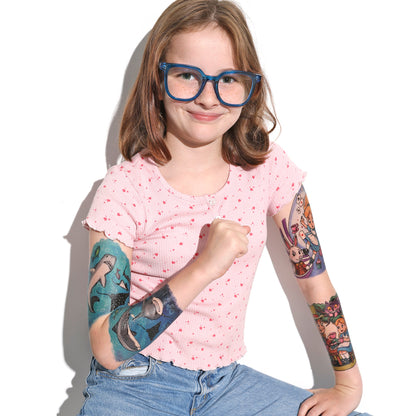 Kids temporary tattoo sleeves with shark graphics on both upper arms