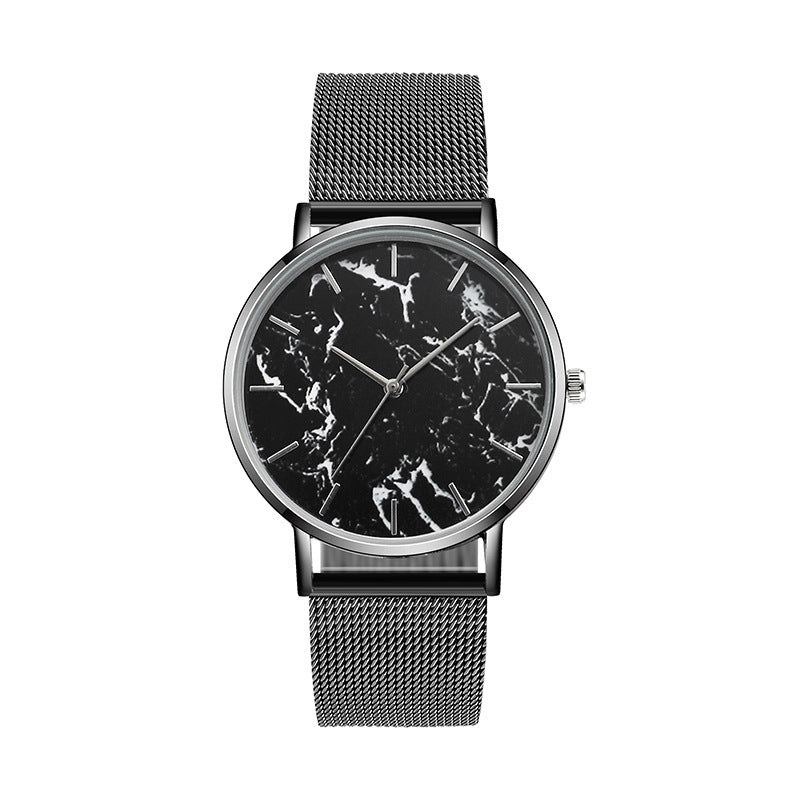 Women’s black mesh band quartz watch with dark marble-pattern dial and silver-tone markers
