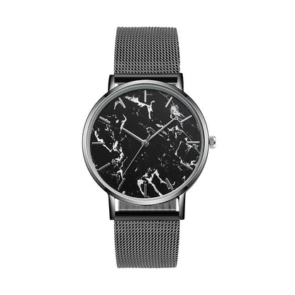 Women’s black mesh band quartz watch with dark marble-pattern dial and silver-tone markers