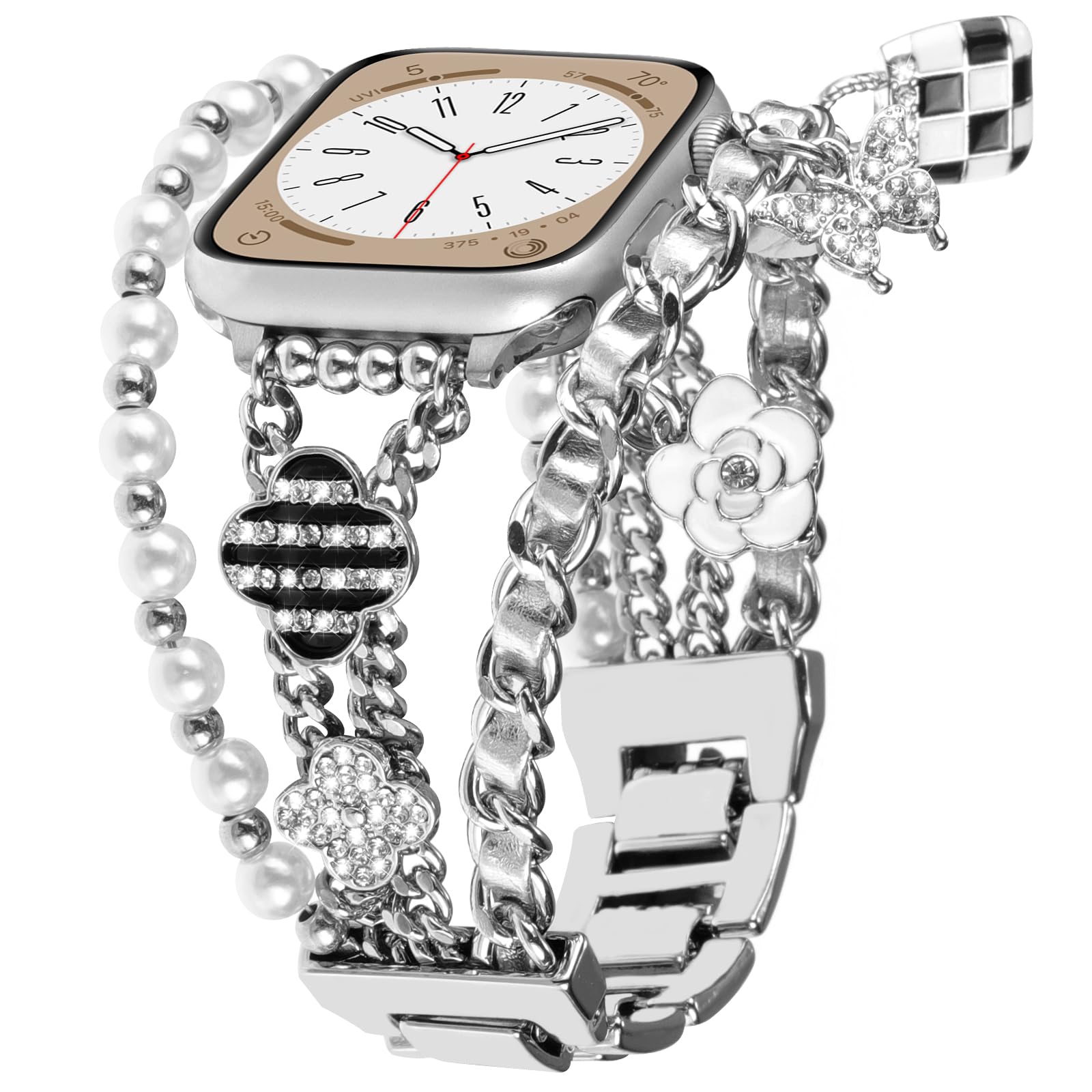 Stylish Metal Bands Compatible with Apple Watch Band 38mm 40mm 41mm 42mm 44mm 45mm 46mm 49mm Women Chain Multilayer Wrap Bracelet Charms Pendants Strap for iWatch Series 10 9 8 7 6 5 4 3 2 1 SE Ultra (Silver Link/Silver Leather 38/40/41/42mm(Series 10) - Renee Lane Company