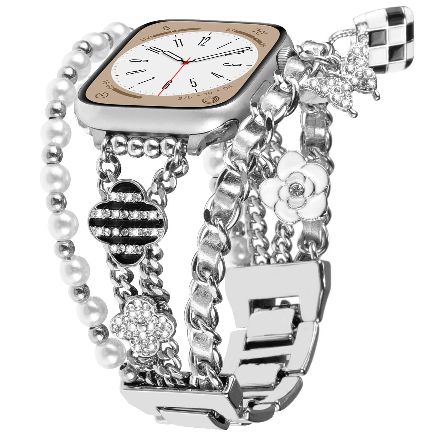 Stylish Metal Bands Compatible with Apple Watch Band 38mm 40mm 41mm 42mm 44mm 45mm 46mm 49mm Women Chain Multilayer Wrap Bracelet Charms Pendants Strap for iWatch Series 10 9 8 7 6 5 4 3 2 1 SE Ultra (Silver Link/Silver Leather 38/40/41/42mm(Series 10) - Renee Lane Company