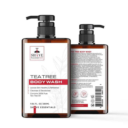 Body wash bottle with pump, amber glass, front and back labels