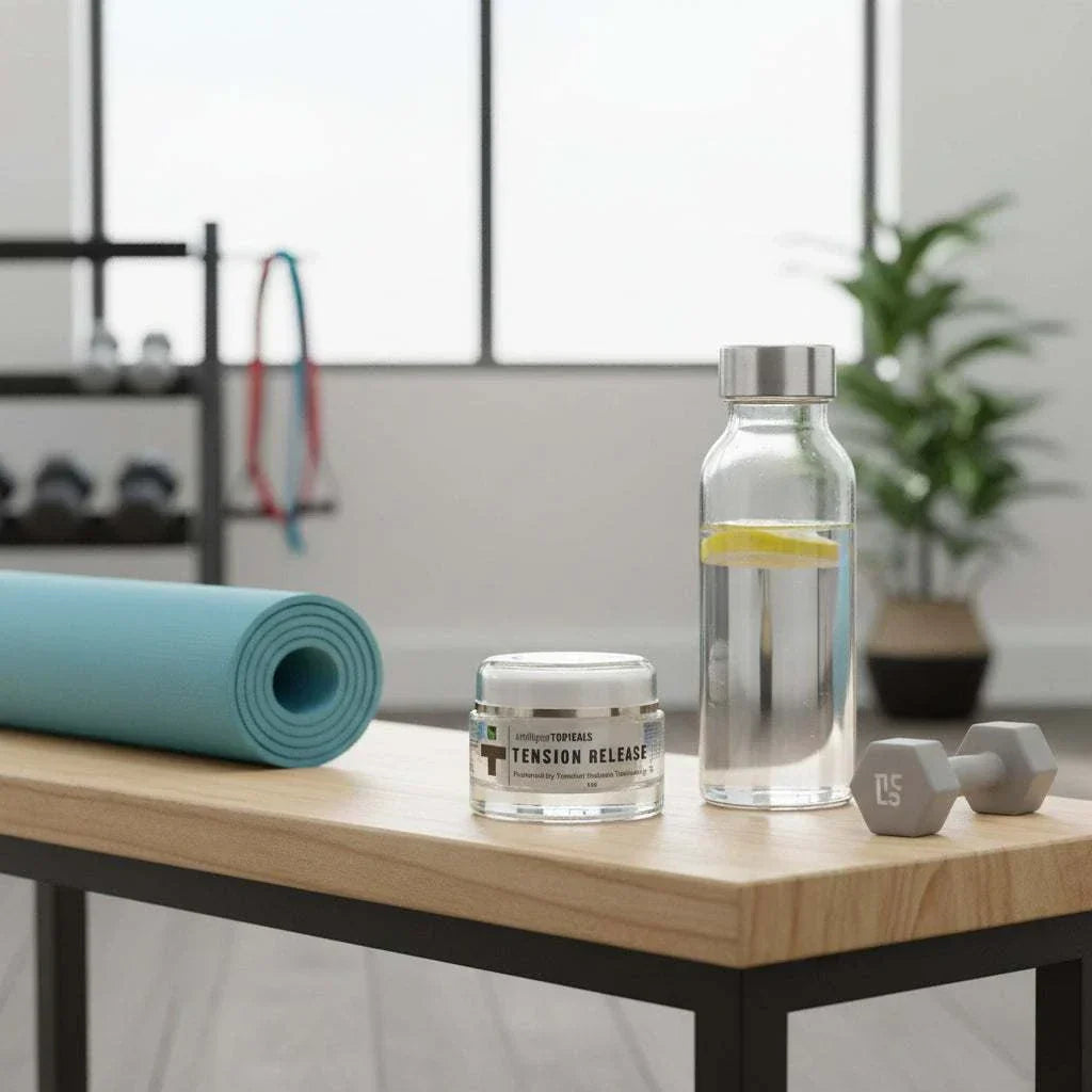 Tension release gel jar with black lid on a wood table