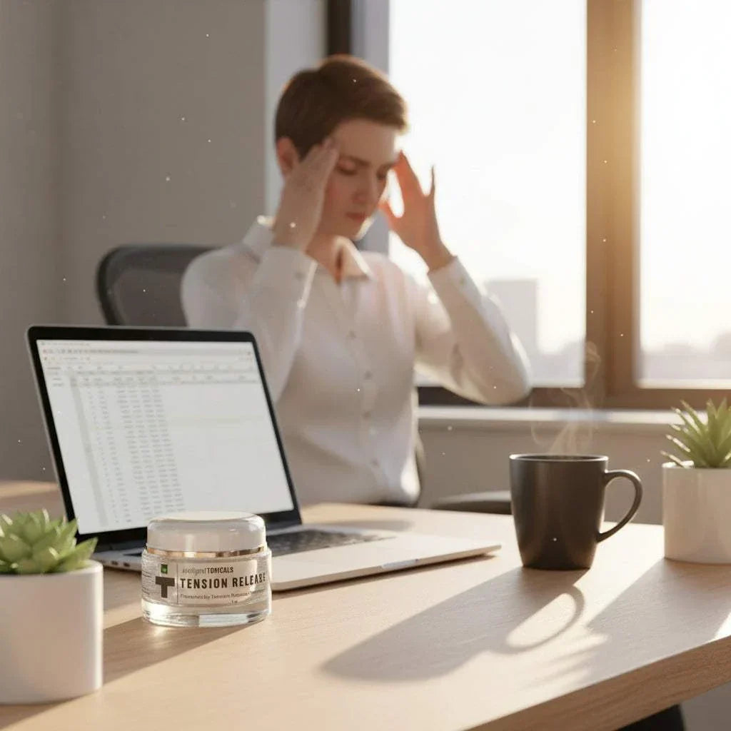 Tension release gel jar with black lid on office desk