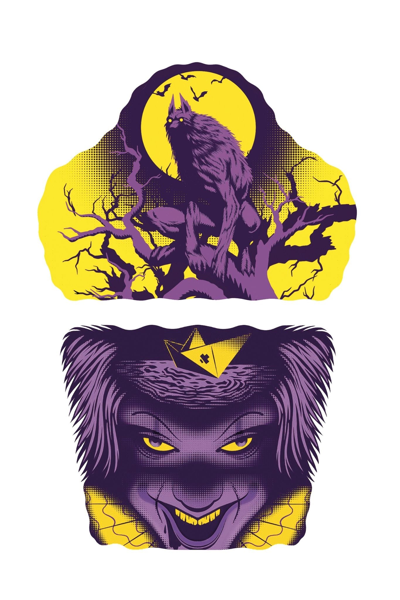Kids temporary tattoo sleeve set with purple wolf and snarling face graphics